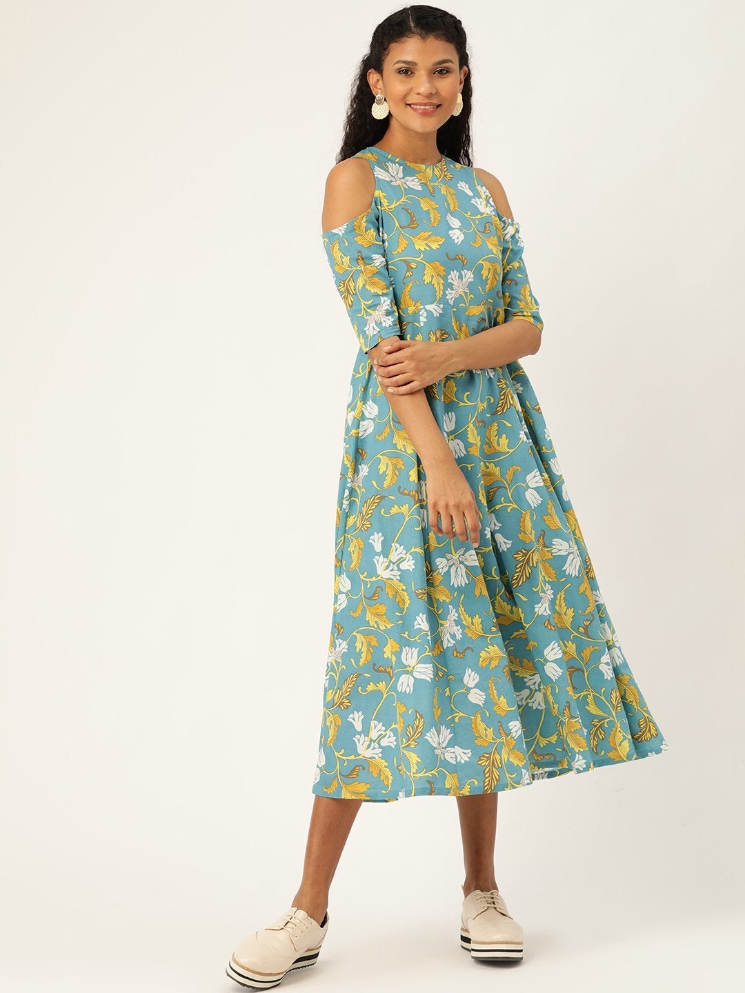 Women's Turquoise Floral Cold Shoulder Midi Kurta Dress - SASSAFRAS