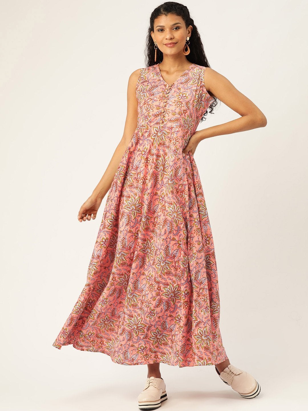 Women's Pink Floral Sleeveless Flared Kurta Dress - SASSAFRAS