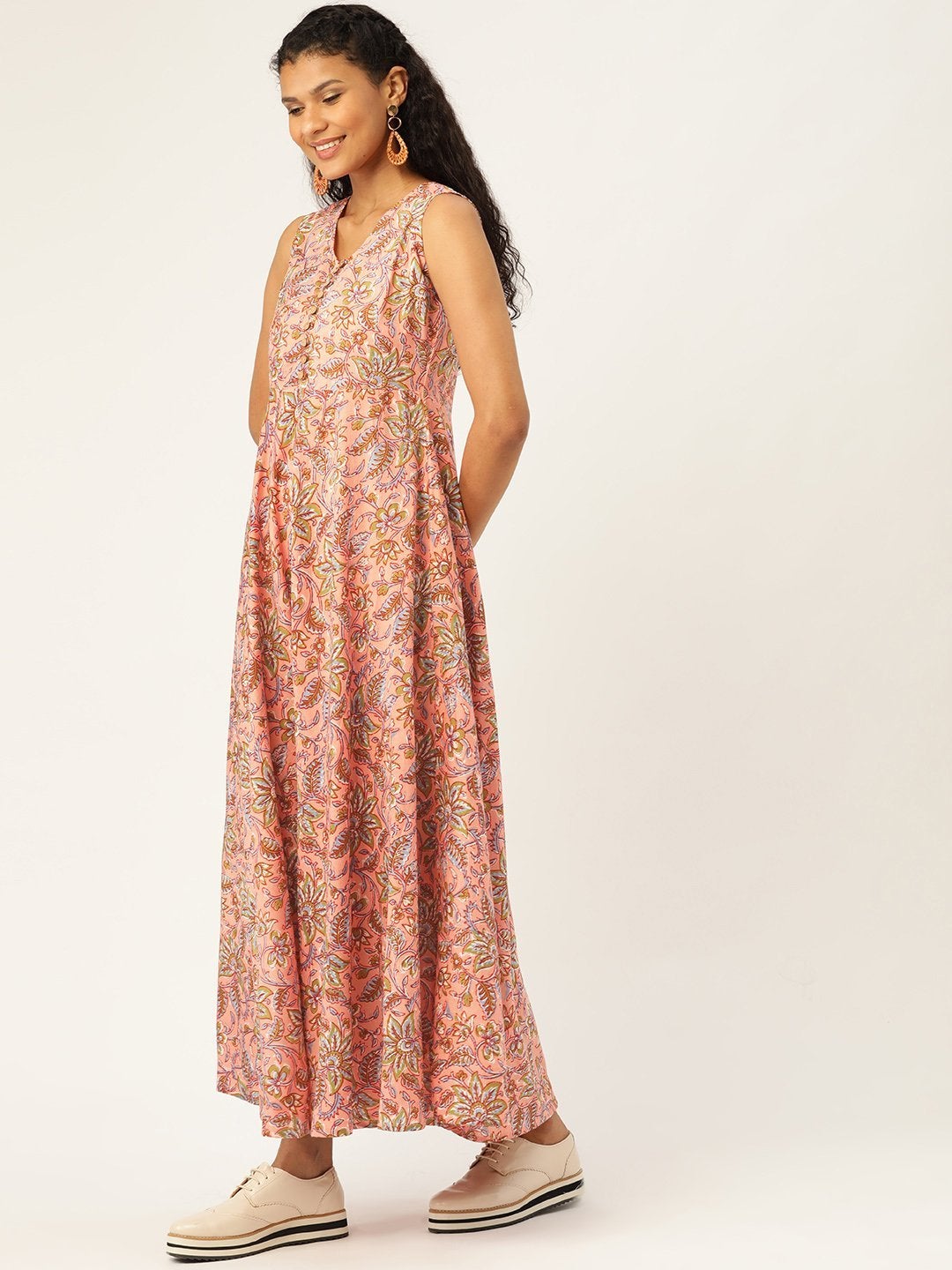 Women's Pink Floral Sleeveless Flared Kurta Dress - SASSAFRAS