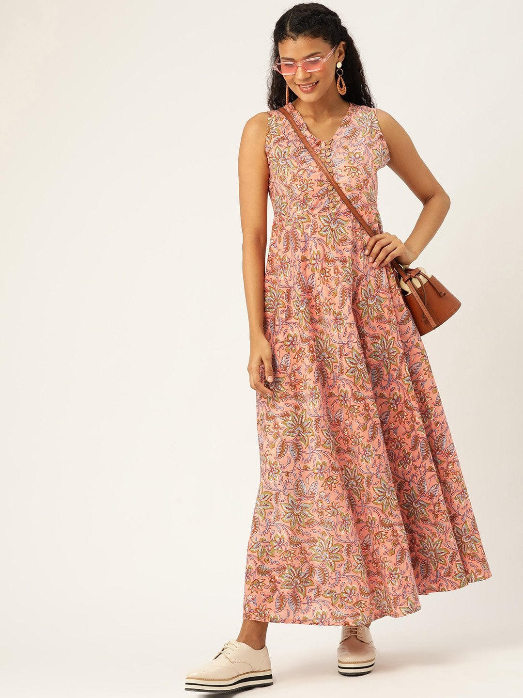 Women's Pink Floral Sleeveless Flared Kurta Dress - SASSAFRAS