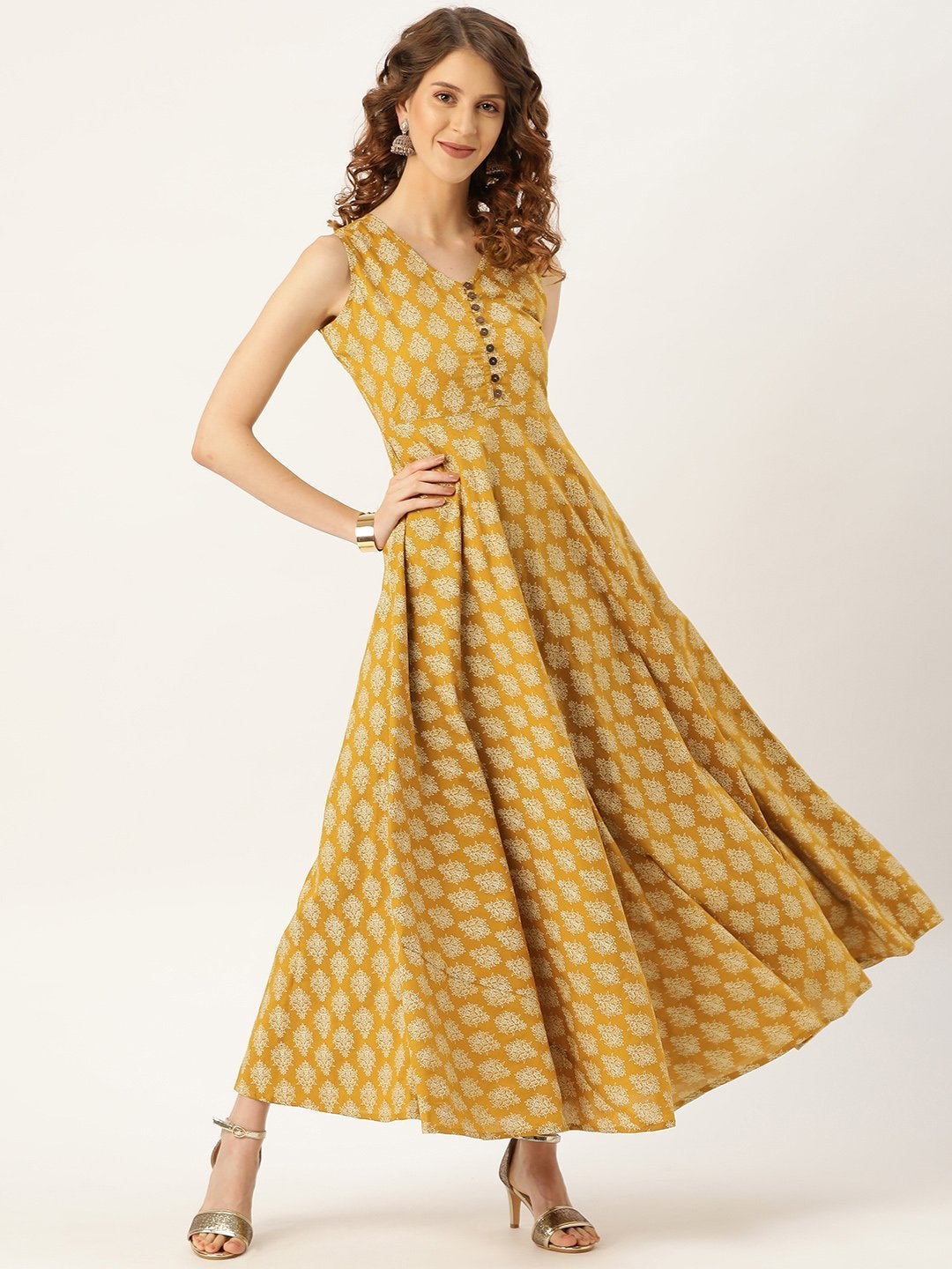 Women's Mustard Floral Sleeveless Flared Kurta Dress - SASSAFRAS