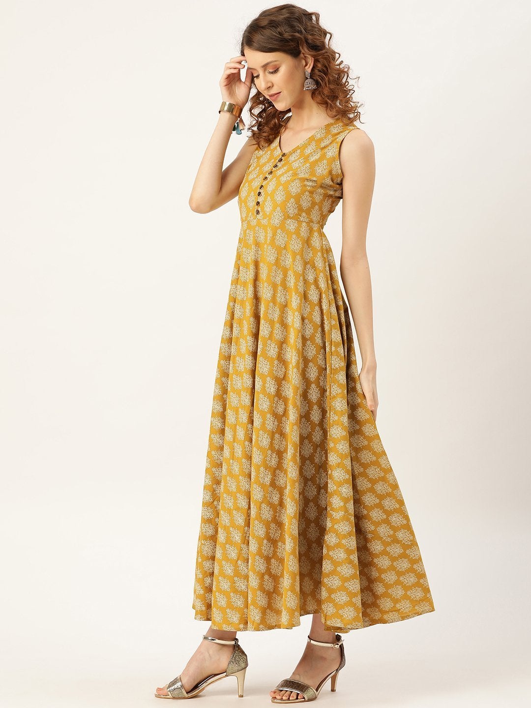 Women's Mustard Floral Sleeveless Flared Kurta Dress - SASSAFRAS