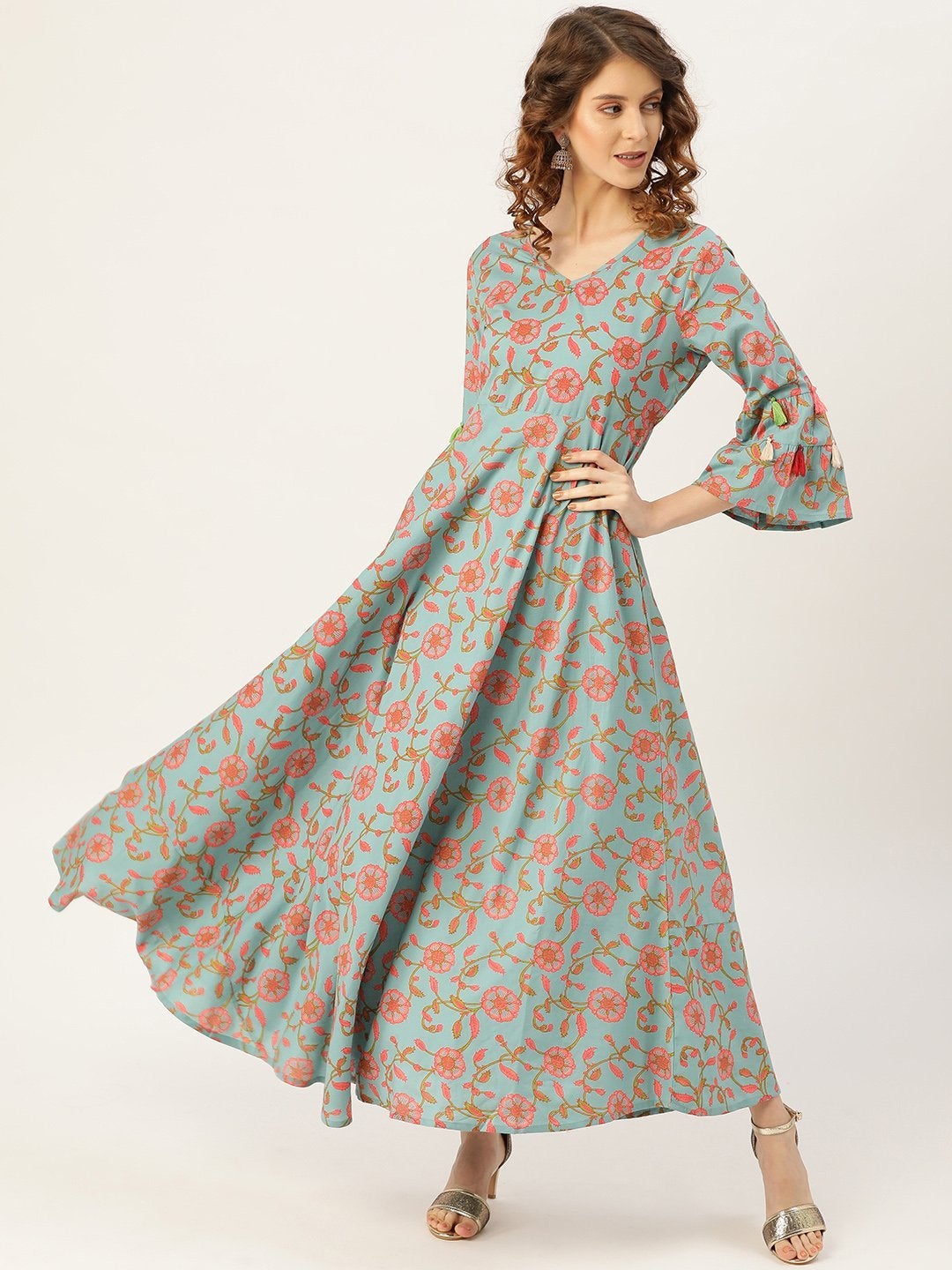 Women's Teal Blue Floral Flared Kurta Dress - SASSAFRAS