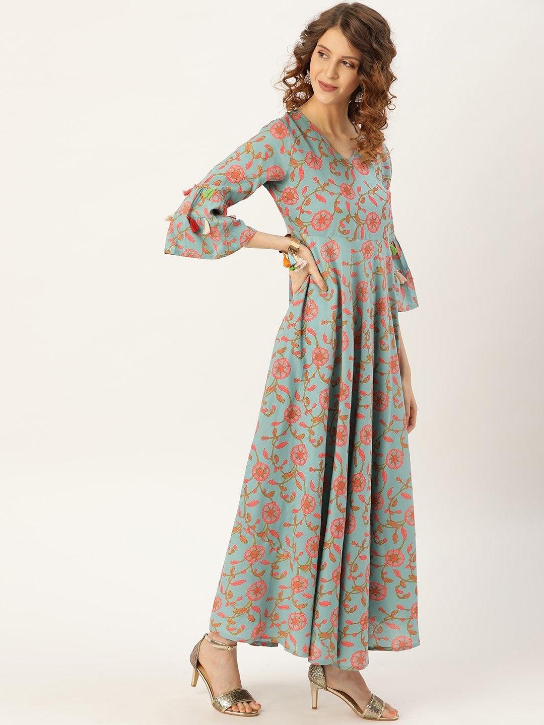 Women's Teal Blue Floral Flared Kurta Dress - SASSAFRAS