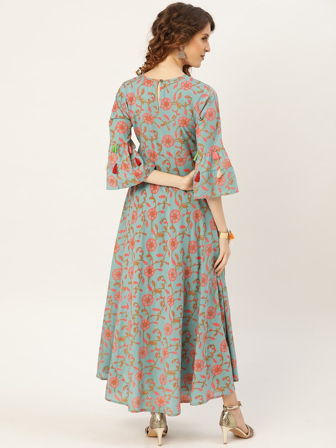 Women's Teal Blue Floral Flared Kurta Dress - SASSAFRAS