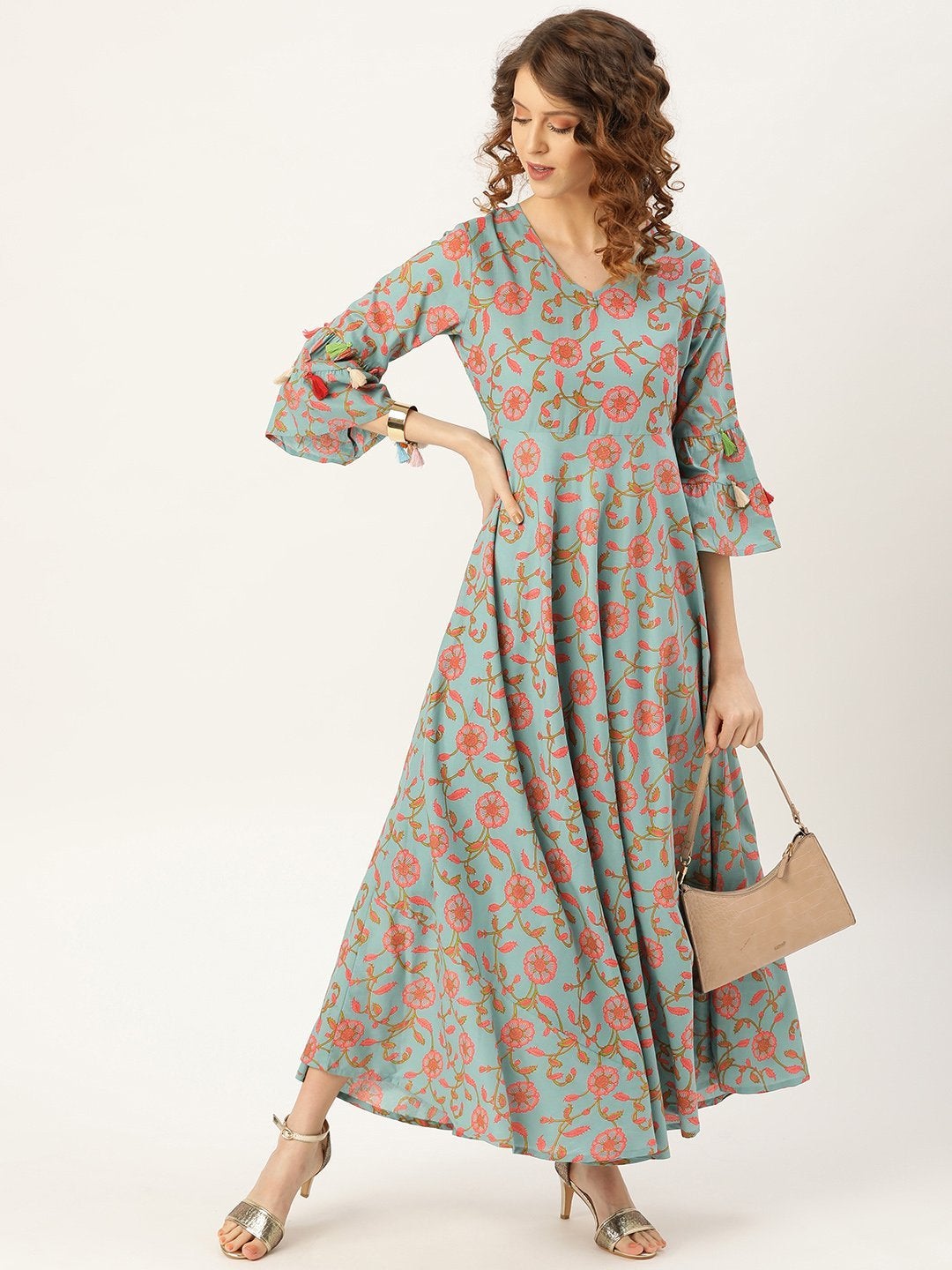 Women's Teal Blue Floral Flared Kurta Dress - SASSAFRAS