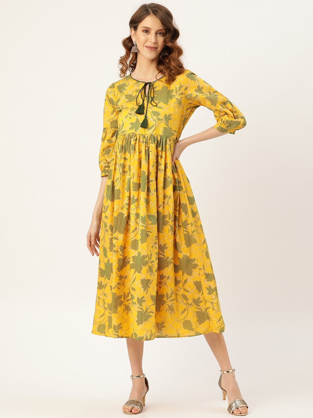 Women's Mustard Foil Floral Foil Gathered Kurta Dress - SASSAFRAS