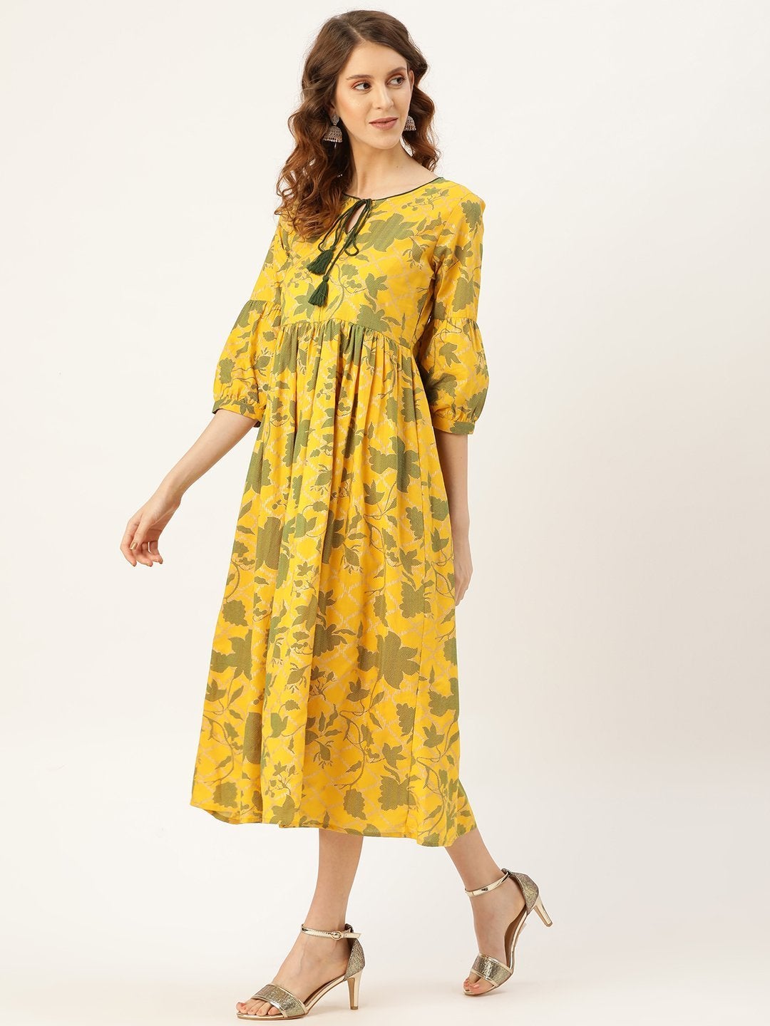 Women's Mustard Foil Floral Foil Gathered Kurta Dress - SASSAFRAS