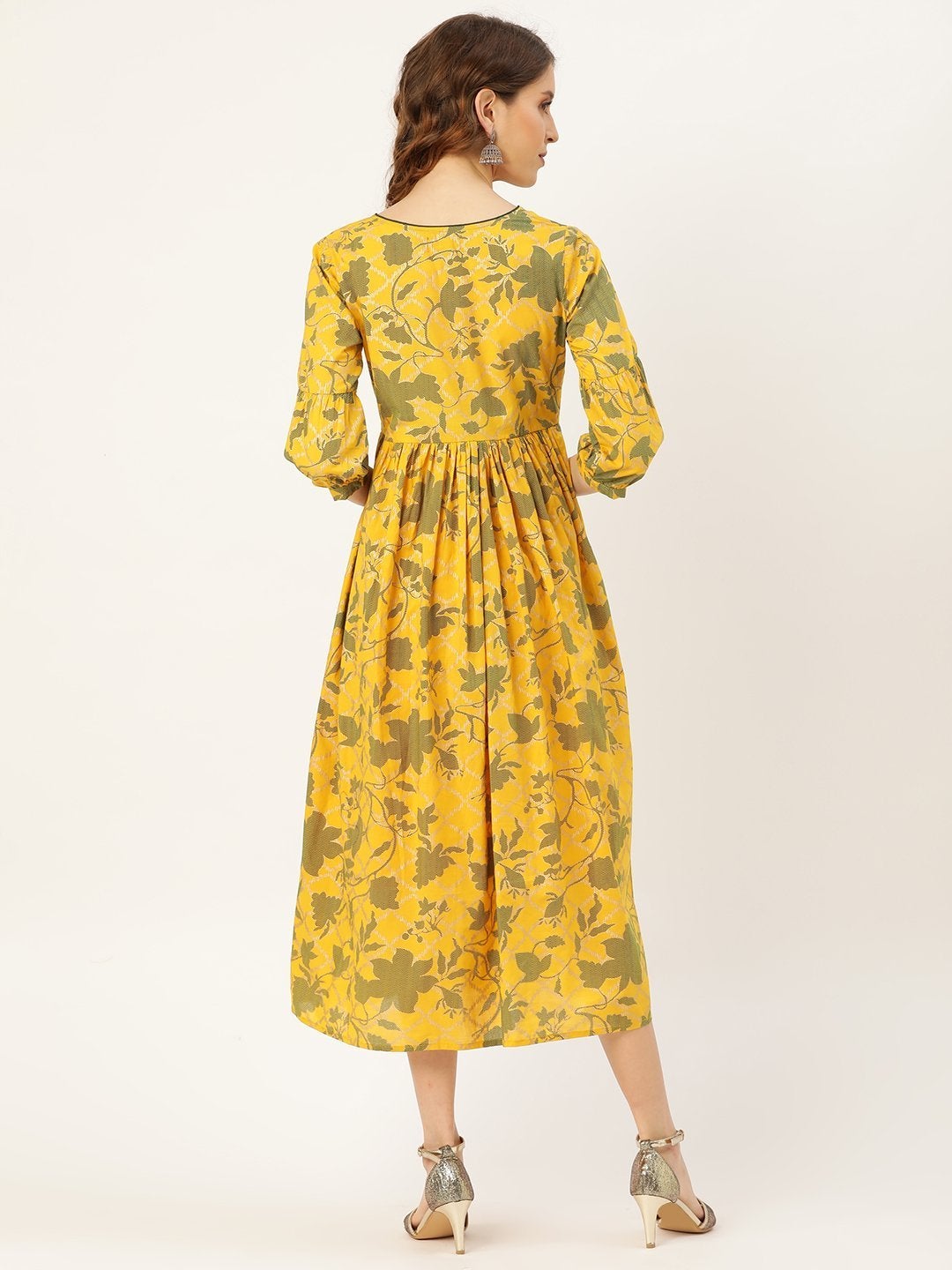 Women's Mustard Foil Floral Foil Gathered Kurta Dress - SASSAFRAS