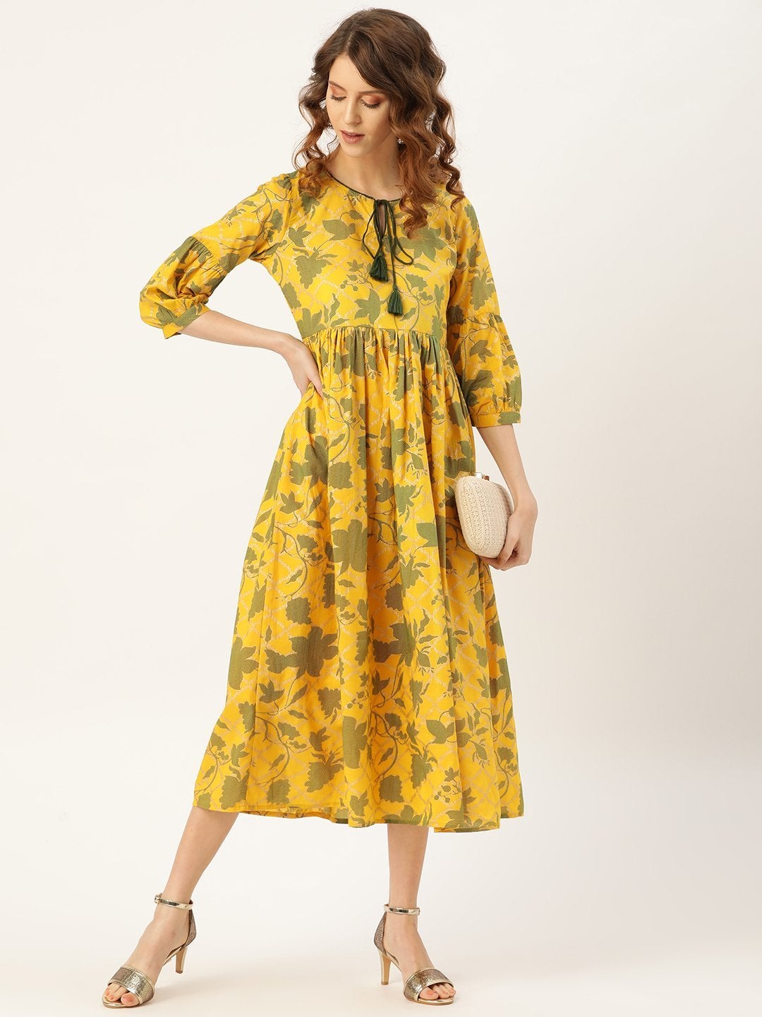 Women's Mustard Foil Floral Foil Gathered Kurta Dress - SASSAFRAS