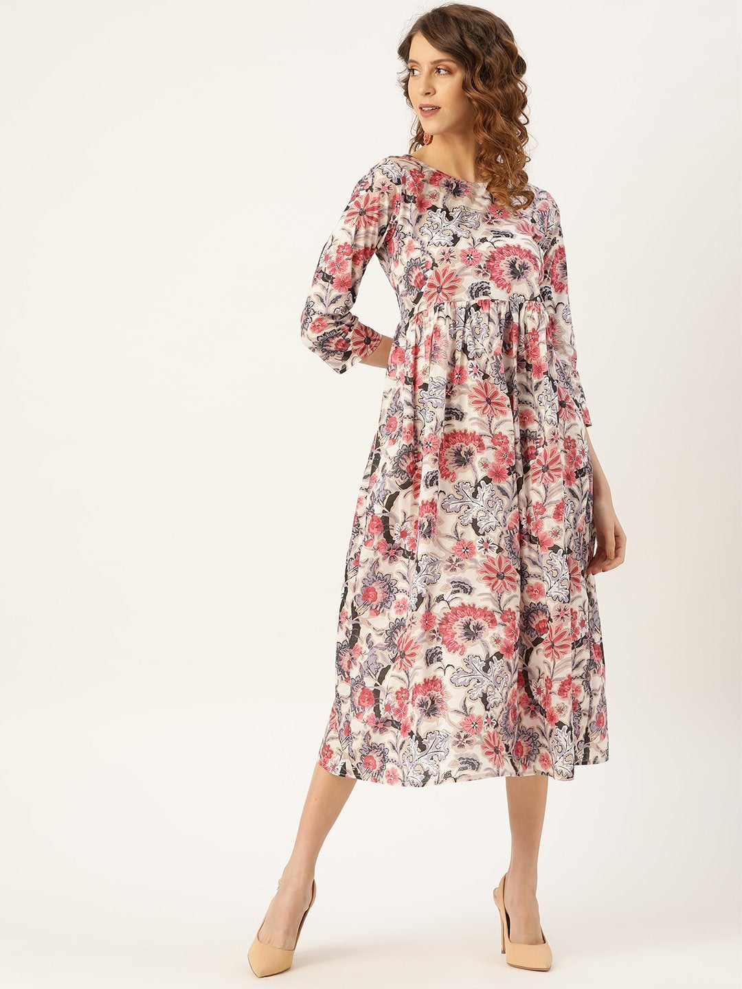 Women's Off-White Floral Gathered Midi Kurta Dress - SASSAFRAS