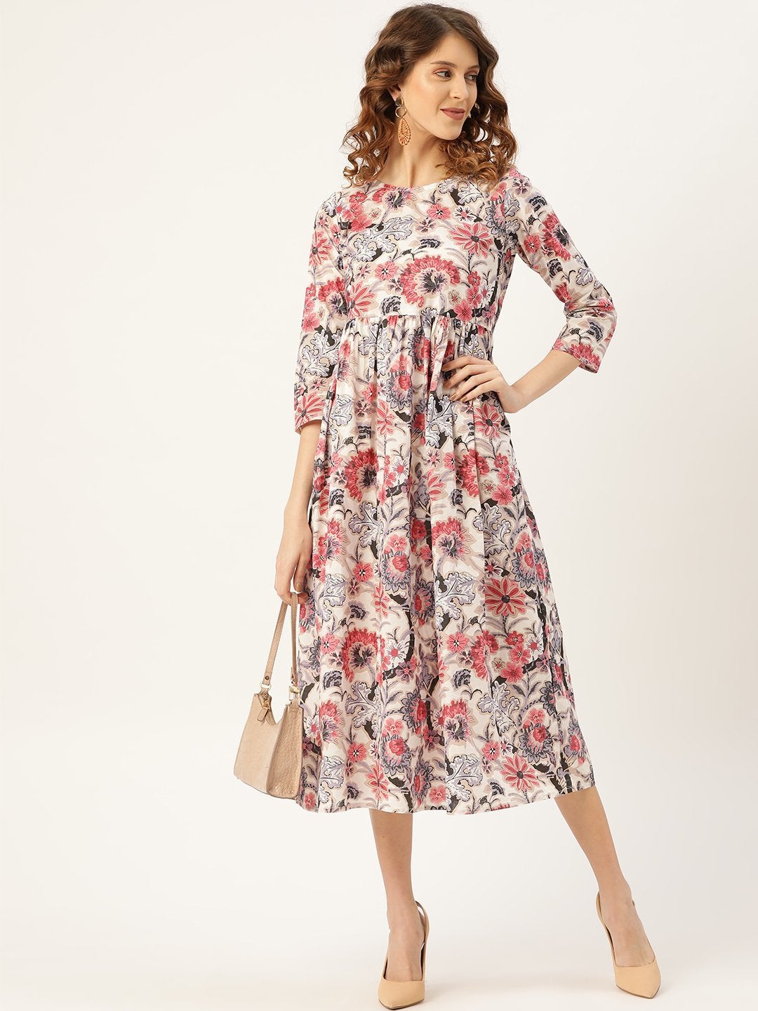 Women's Off-White Floral Gathered Midi Kurta Dress - SASSAFRAS