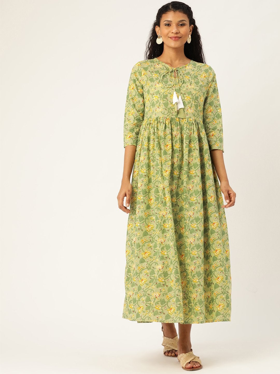 Women's Green Floral Front Keyhole Gathered Kurta Dress - SASSAFRAS