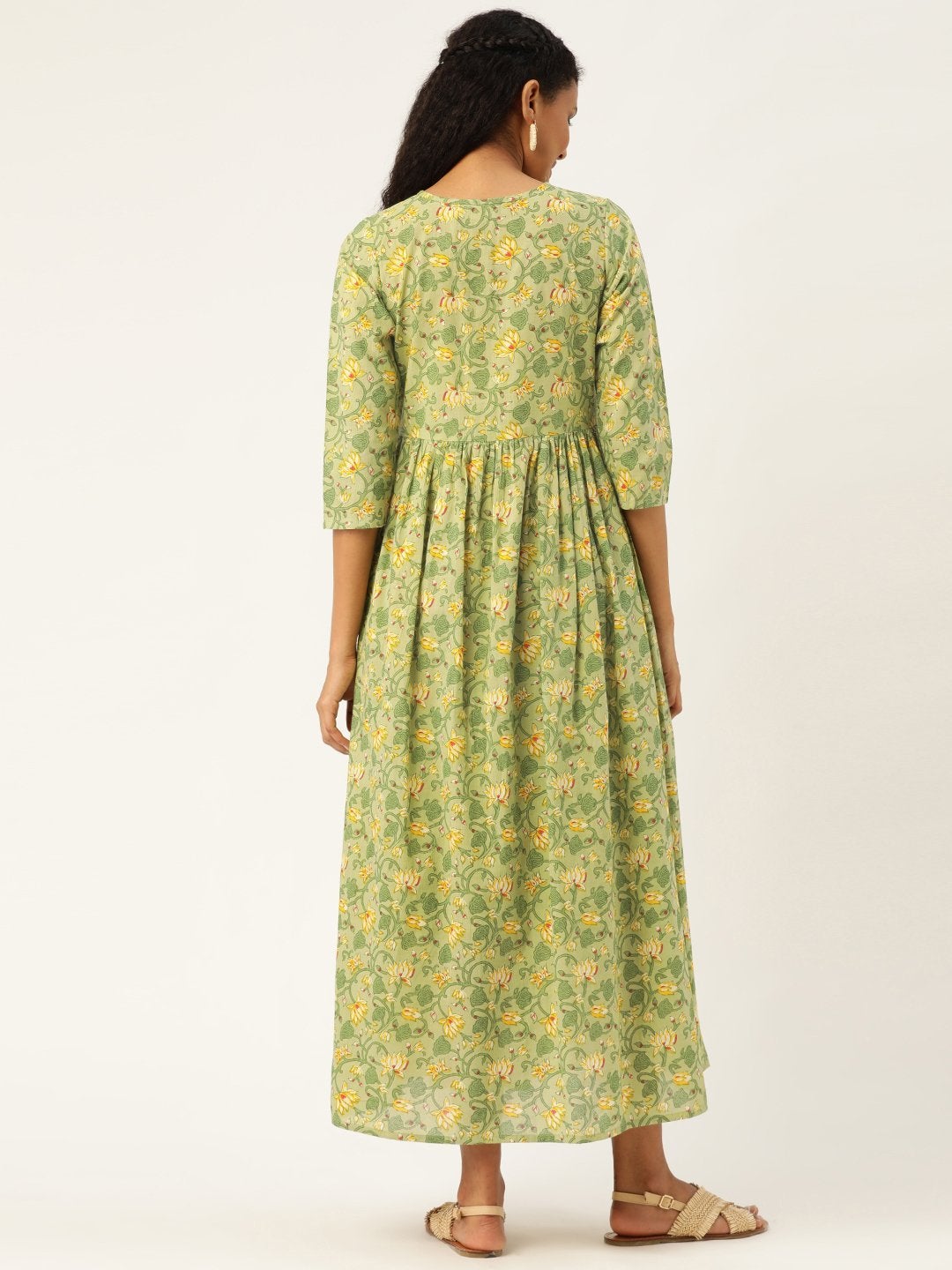 Women's Green Floral Front Keyhole Gathered Kurta Dress - SASSAFRAS