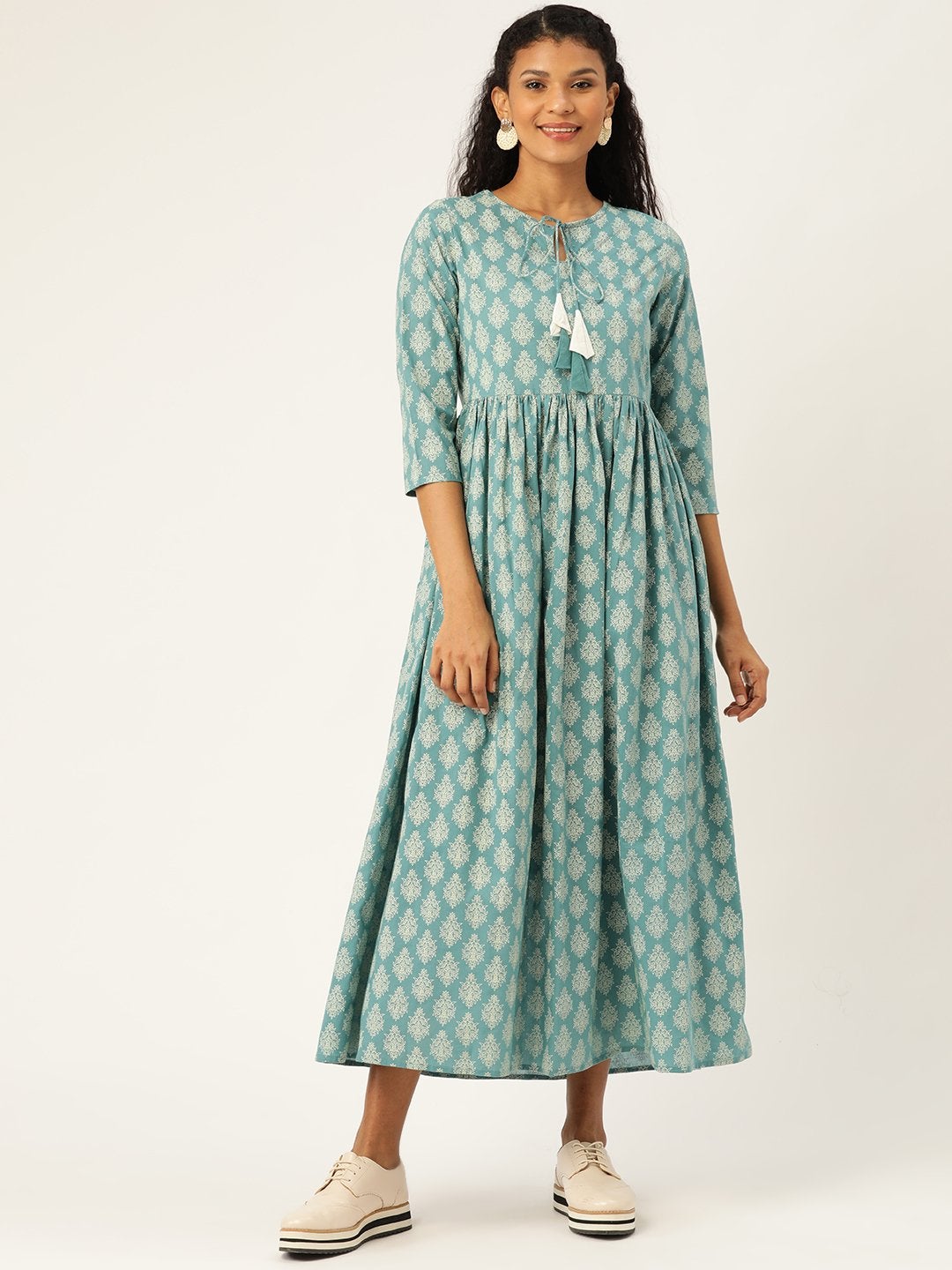 Women's Teal Printed Front Keyhole Gathered Kurta Dress - SASSAFRAS