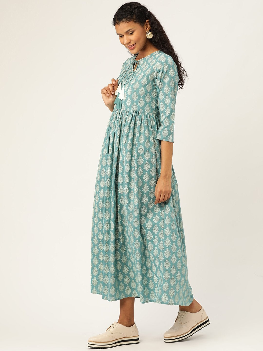 Women's Teal Printed Front Keyhole Gathered Kurta Dress - SASSAFRAS