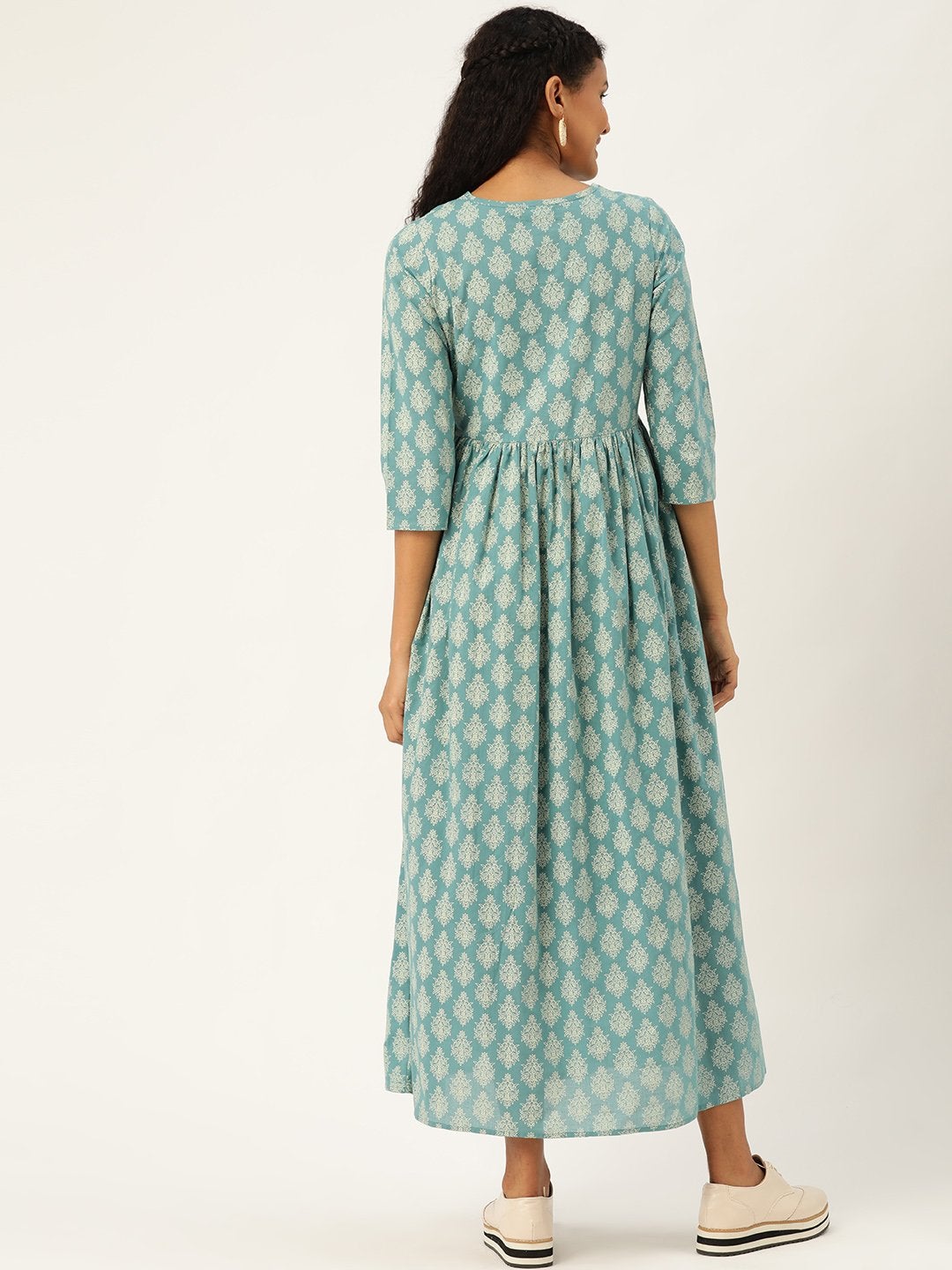 Women's Teal Printed Front Keyhole Gathered Kurta Dress - SASSAFRAS