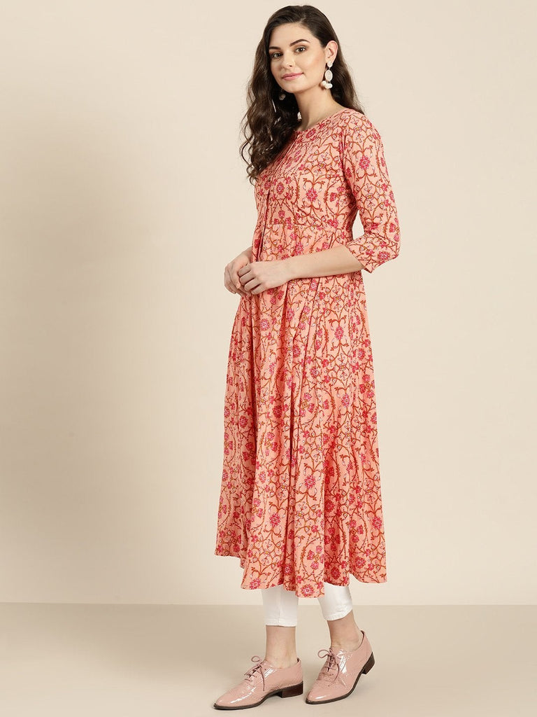 Women's Peach Floral Front Open Anarkali Kurta