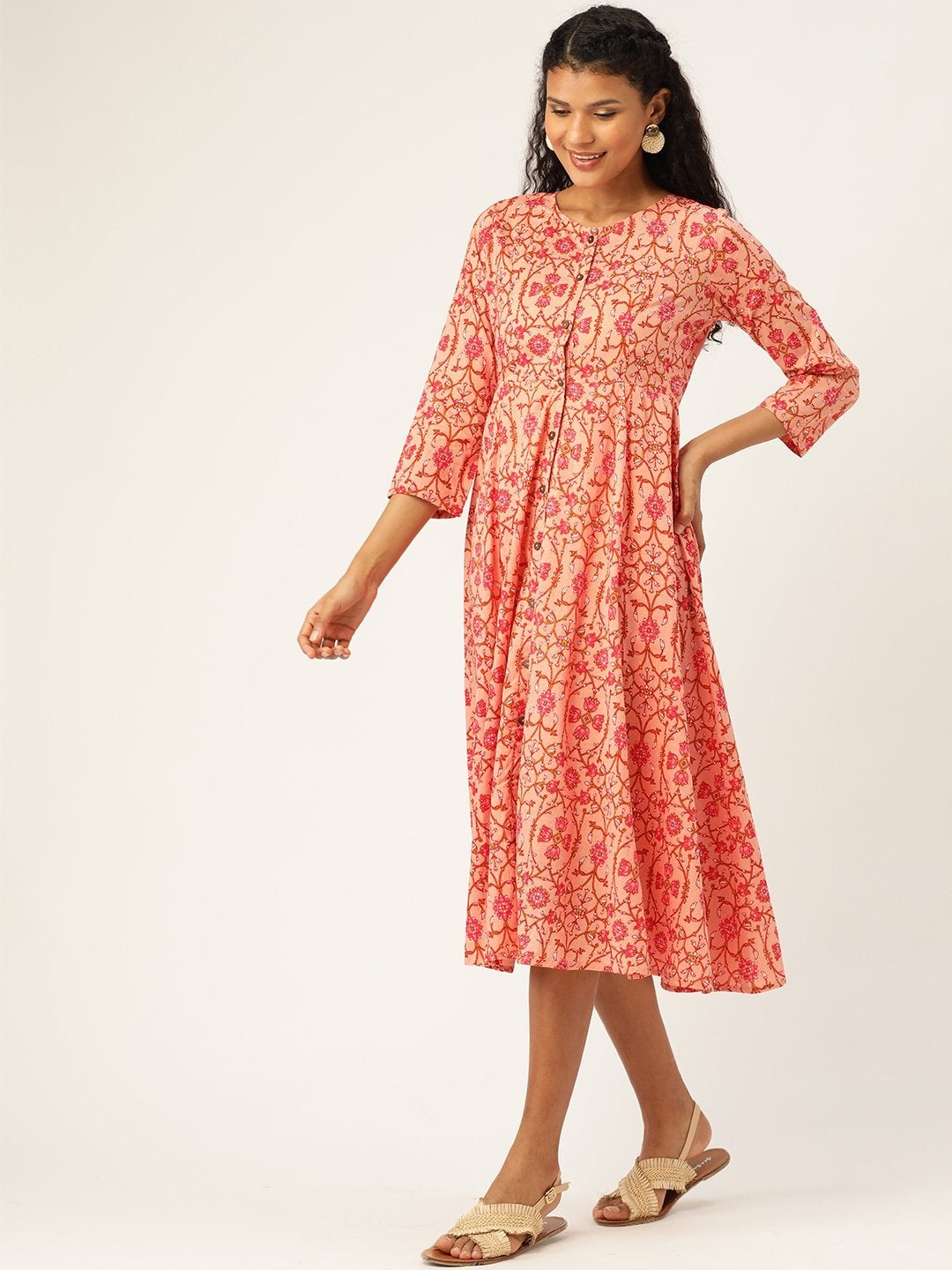 Women's Peach Floral Front Open Kurta Dress - SASSAFRAS