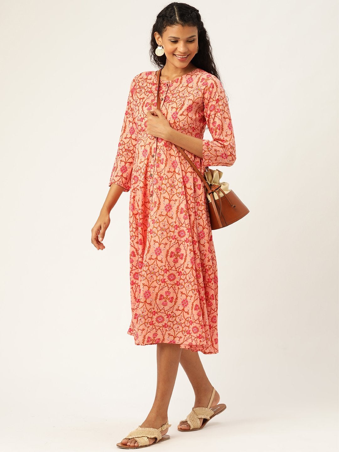 Women's Peach Floral Front Open Kurta Dress - SASSAFRAS