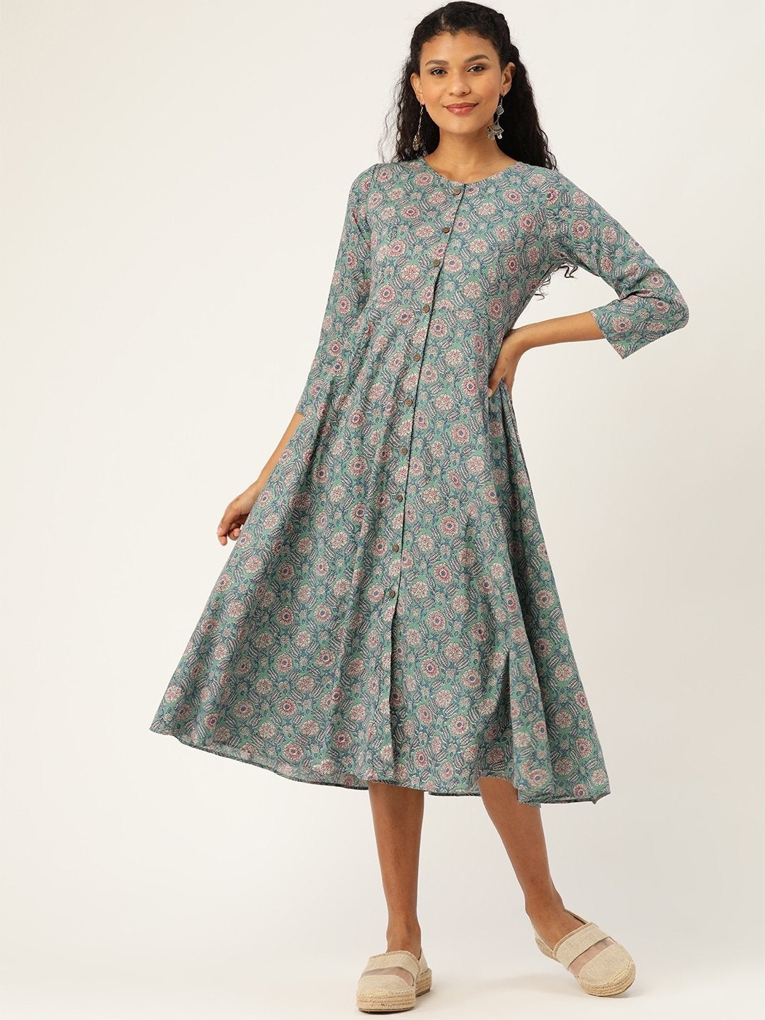 Women's Sea Green Floral Front Open Kurta Dress - SASSAFRAS