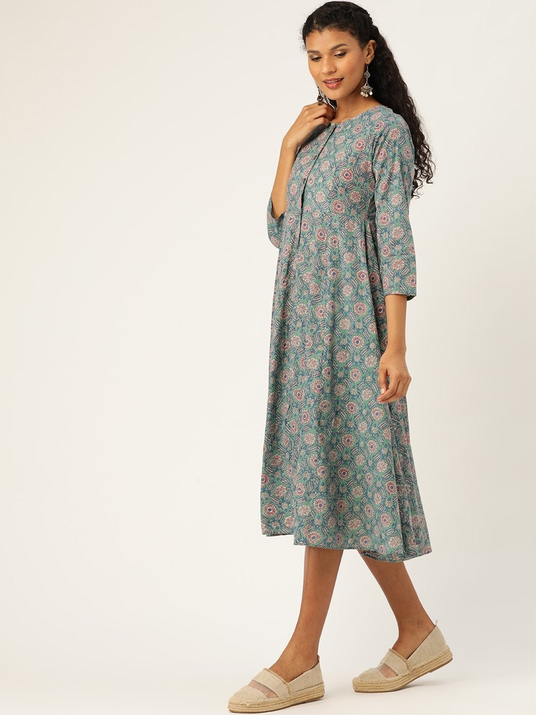 Women's Sea Green Floral Front Open Kurta Dress - SASSAFRAS