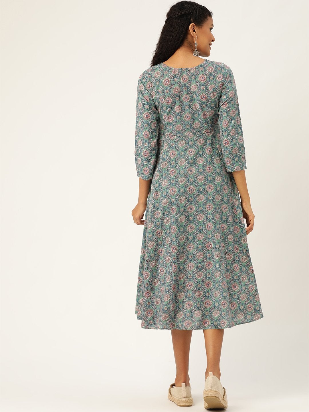 Women's Sea Green Floral Front Open Kurta Dress - SASSAFRAS