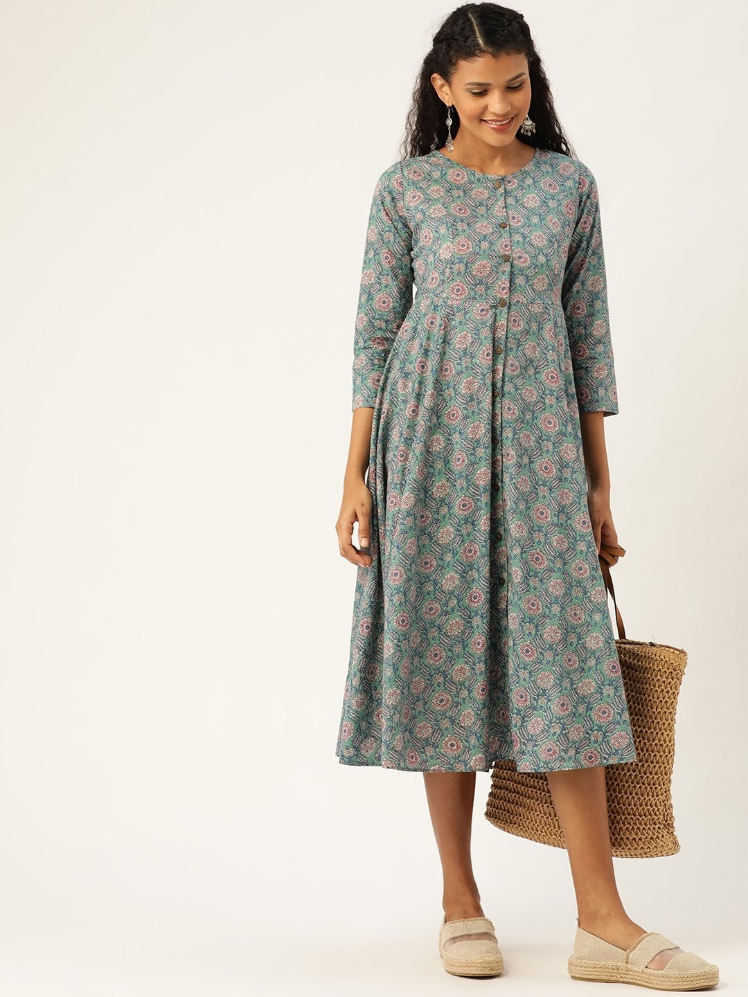 Women's Sea Green Floral Front Open Kurta Dress - SASSAFRAS