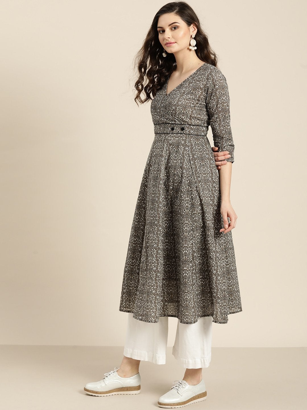 Women's Grey Floral Wrap Anarkali Kurta - SHAE