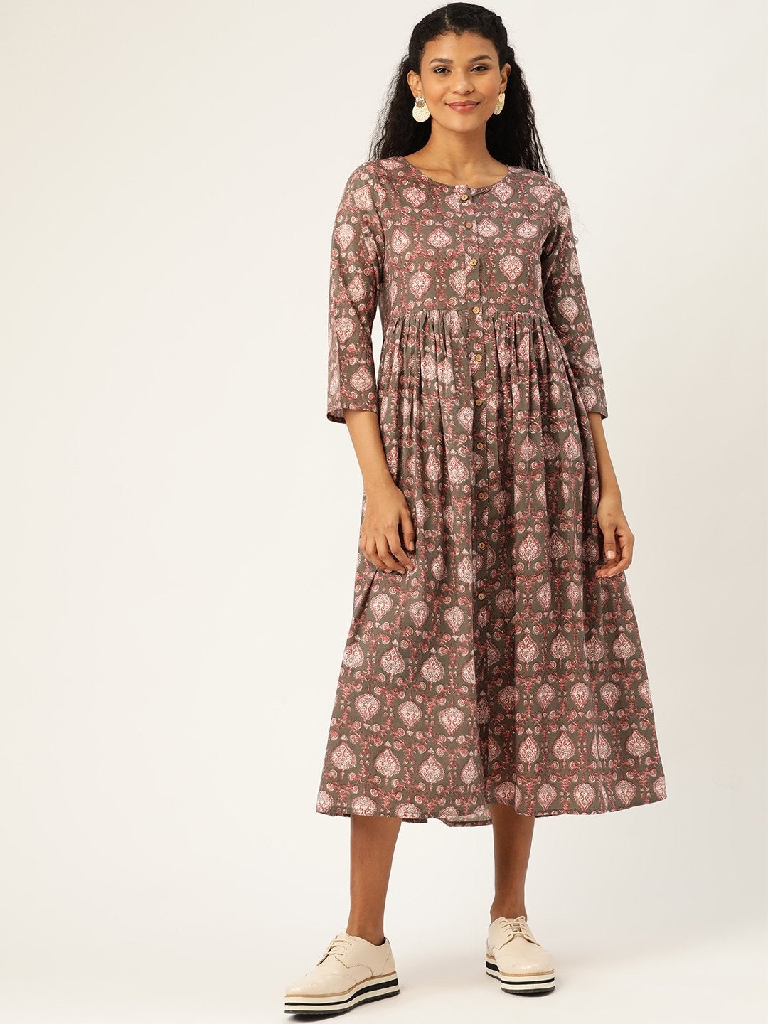 Women's Grey Print Gathered Front Button Kurta Dress - SASSAFRAS