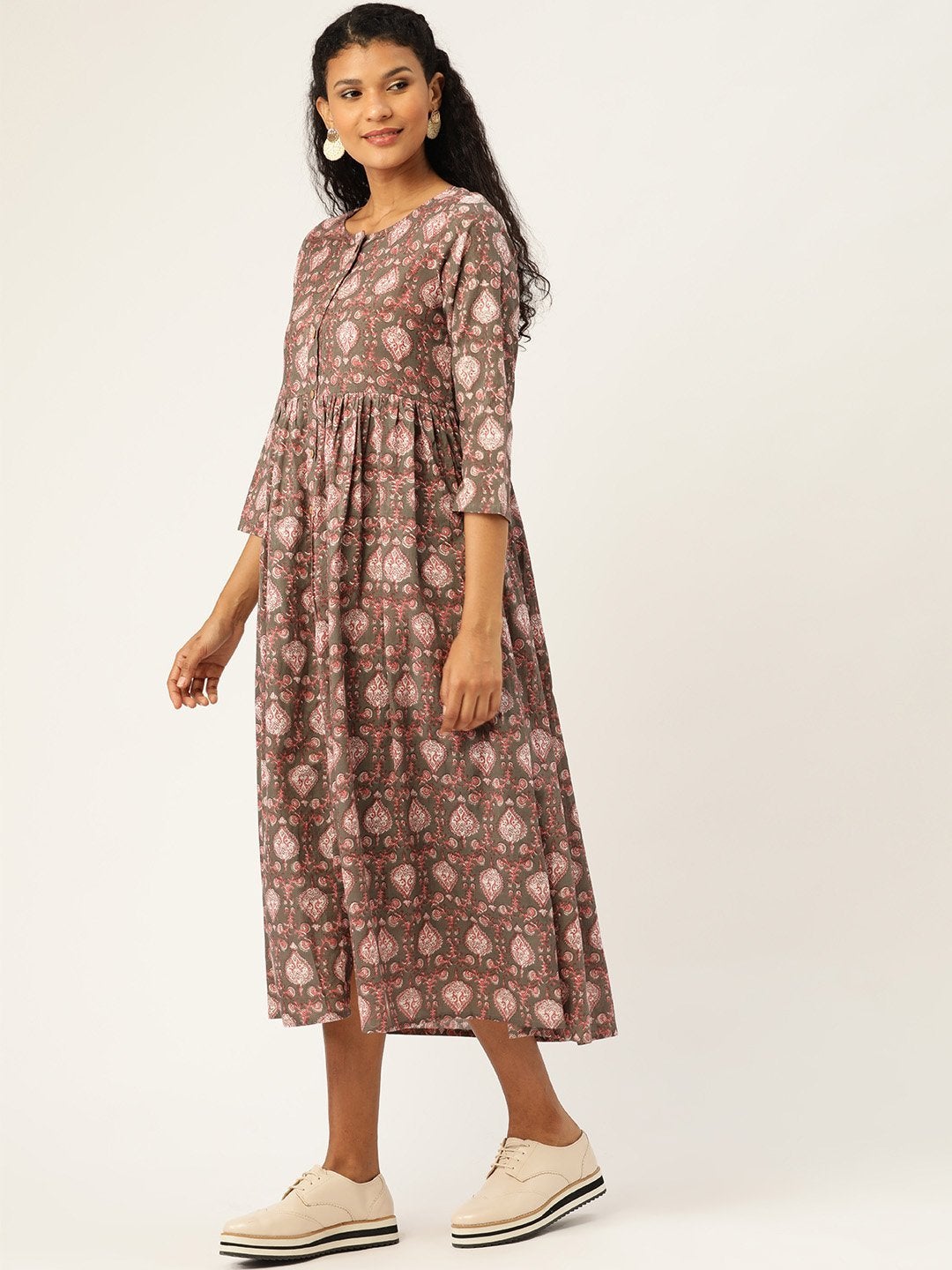 Women's Grey Print Gathered Front Button Kurta Dress - SASSAFRAS