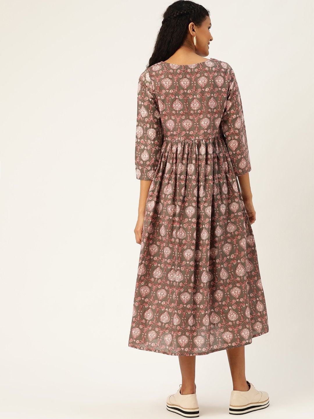 Women's Grey Print Gathered Front Button Kurta Dress - SASSAFRAS