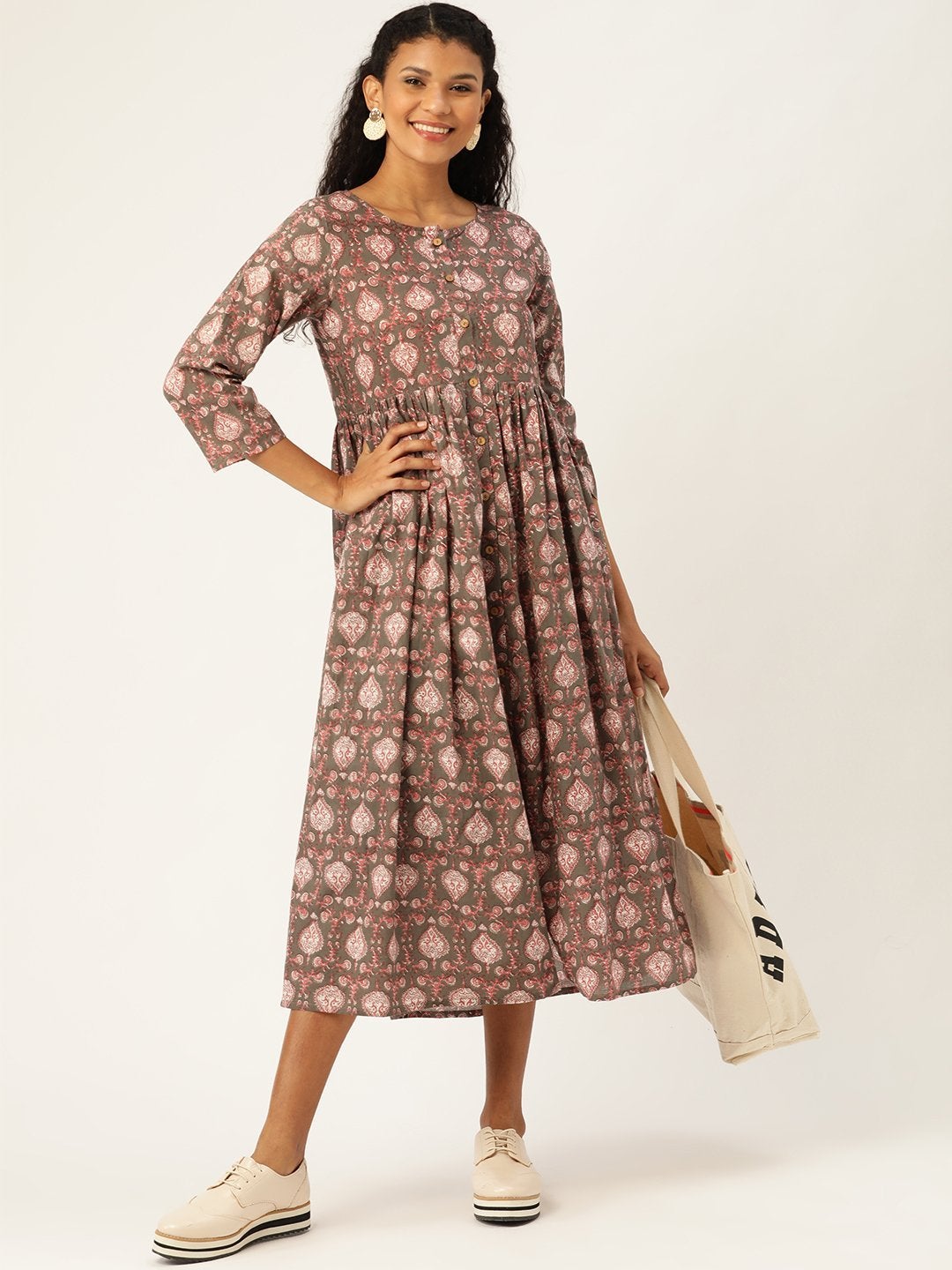 Women's Grey Print Gathered Front Button Kurta Dress - SASSAFRAS