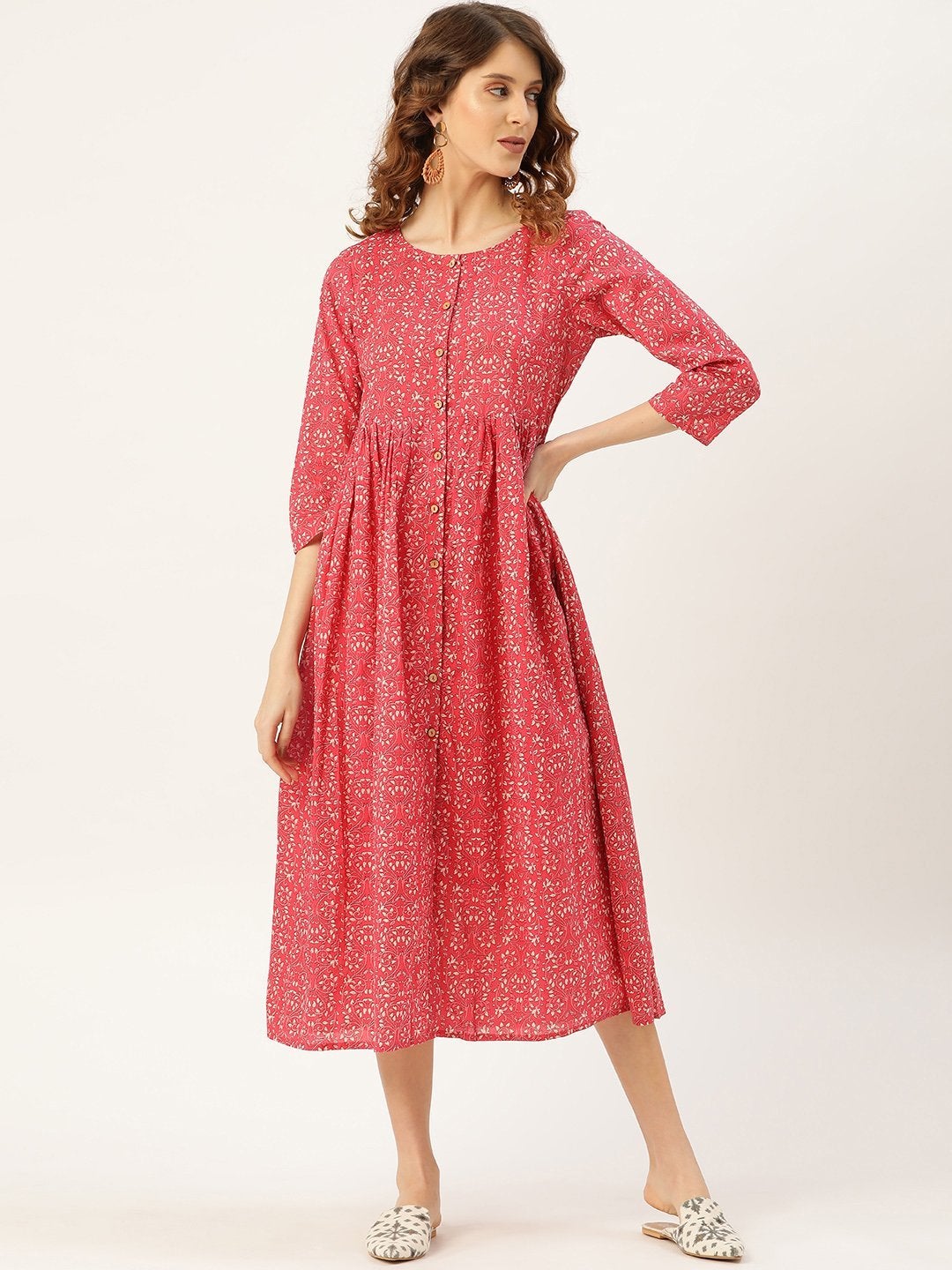 Women's Pink Printed Gathered Front Button Kurta Dress - SASSAFRAS