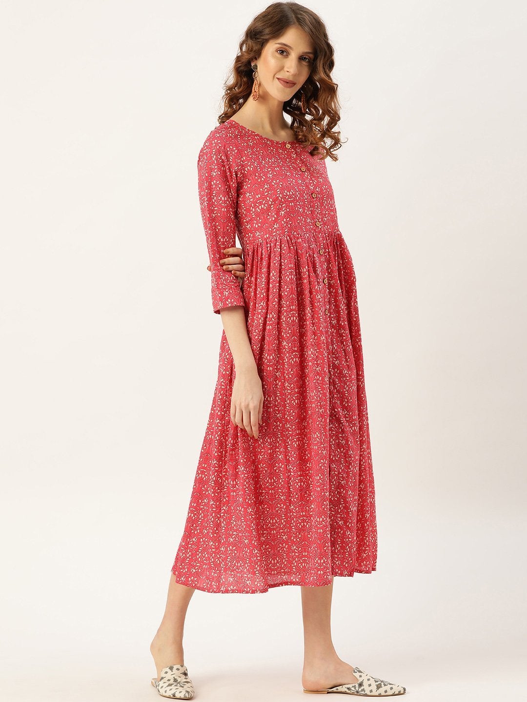 Women's Pink Printed Gathered Front Button Kurta Dress - SASSAFRAS