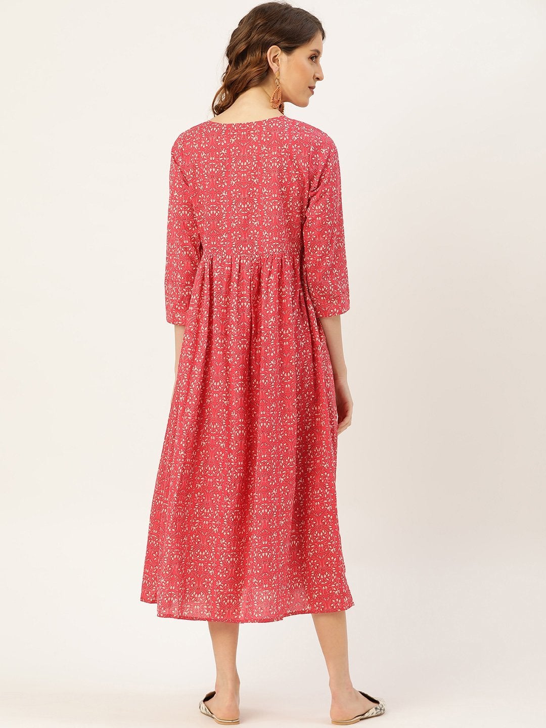 Women's Pink Printed Gathered Front Button Kurta Dress - SASSAFRAS