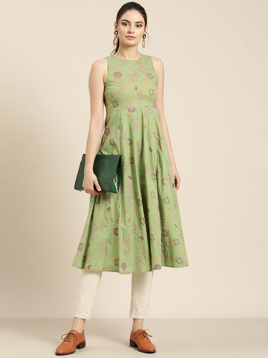 Women's Green Printed Sleeveless Kurta - SHAE