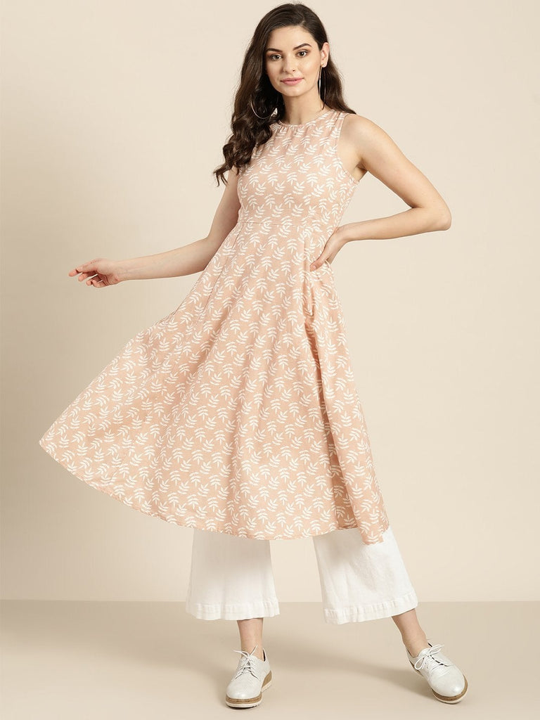 Women's Peach Printed  Sleeveless Kurta