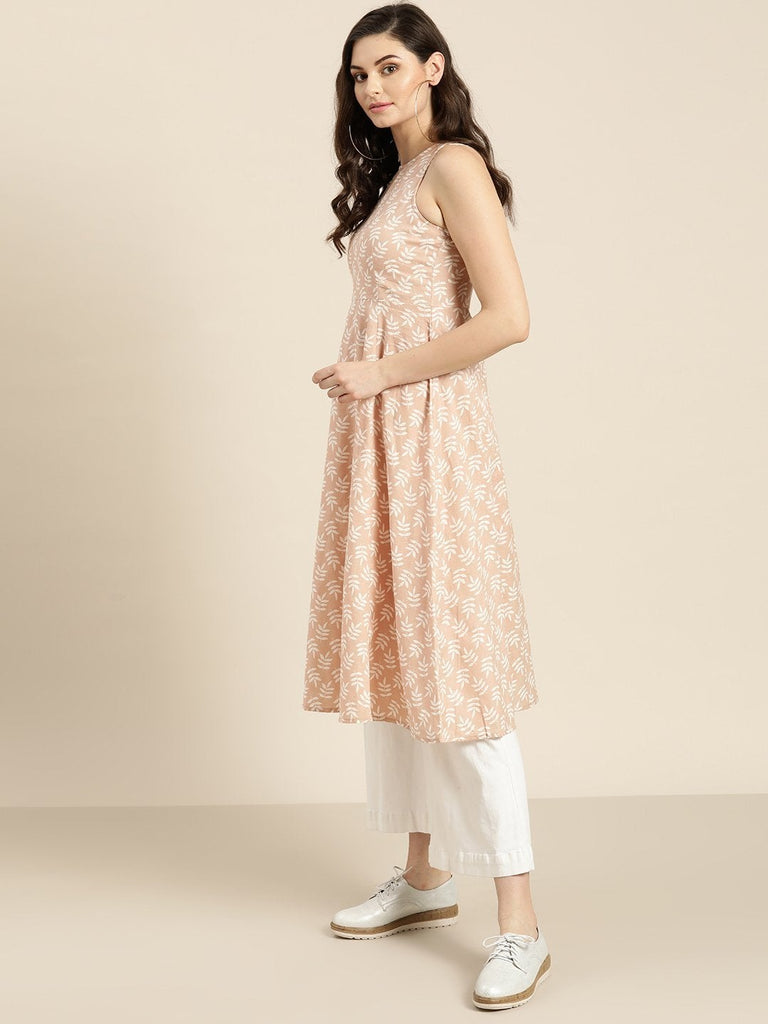 Women's Peach Printed  Sleeveless Kurta