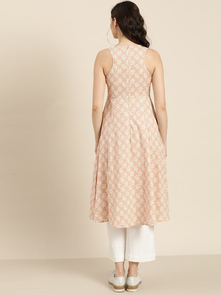 Women's Peach Printed  Sleeveless Kurta