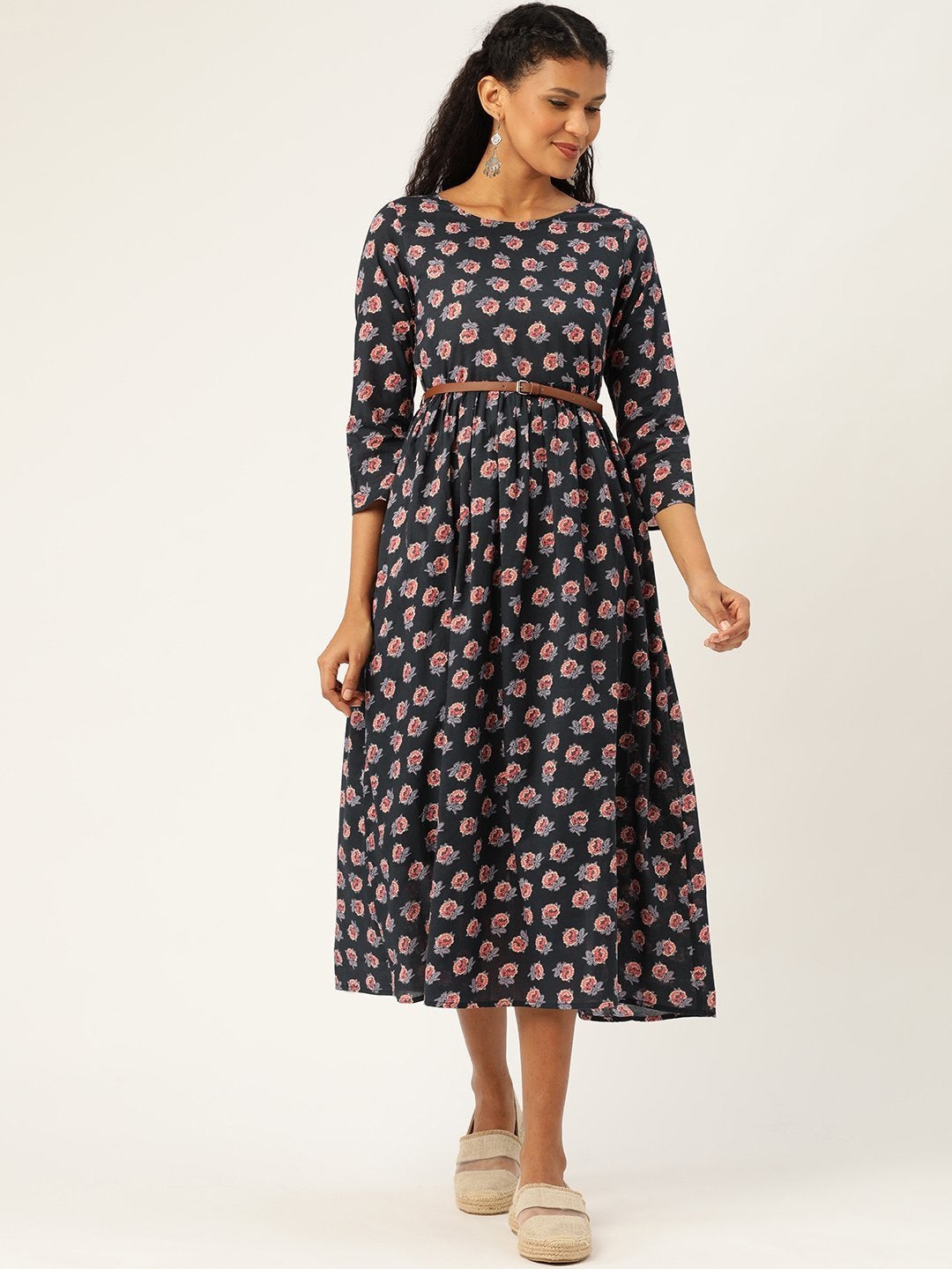 Women's Navy Floral Gathered Kurta Dress - SASSAFRAS