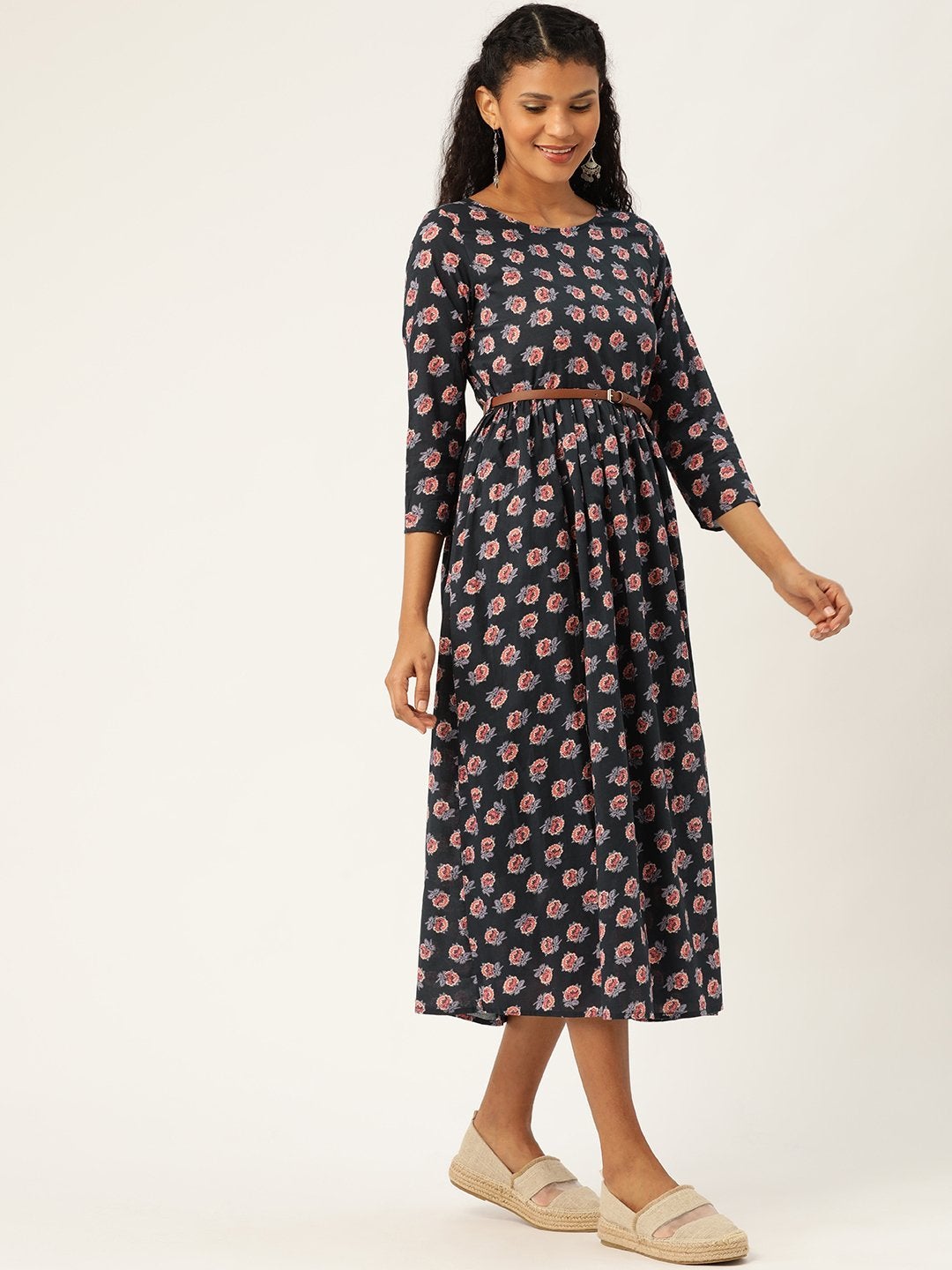 Women's Navy Floral Gathered Kurta Dress - SASSAFRAS