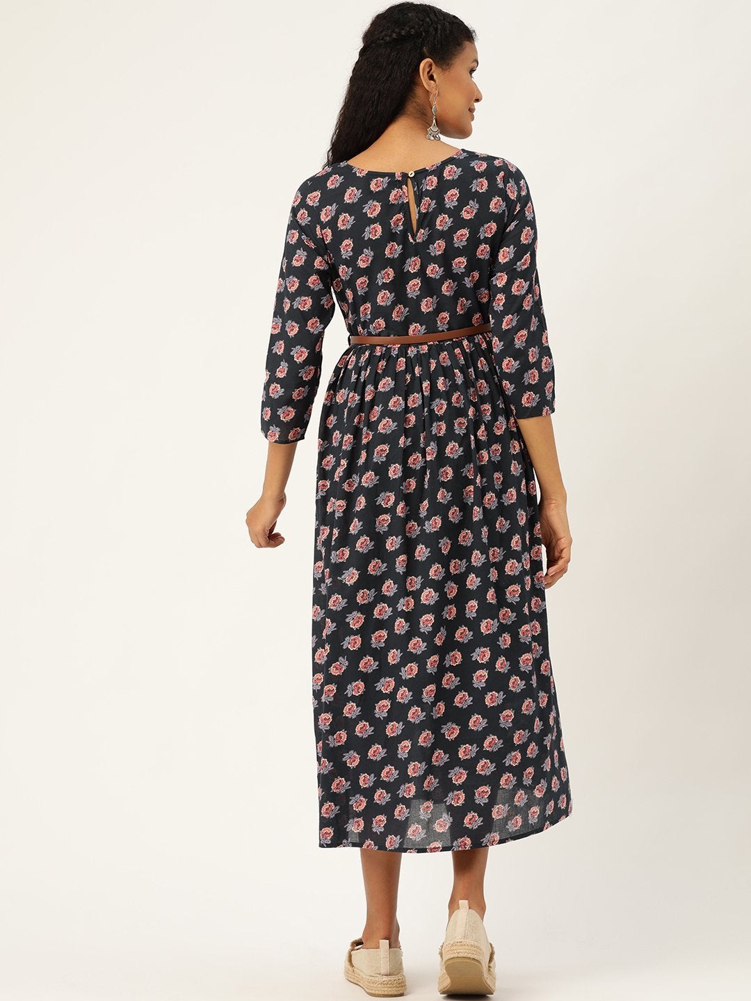 Women's Navy Floral Gathered Kurta Dress - SASSAFRAS