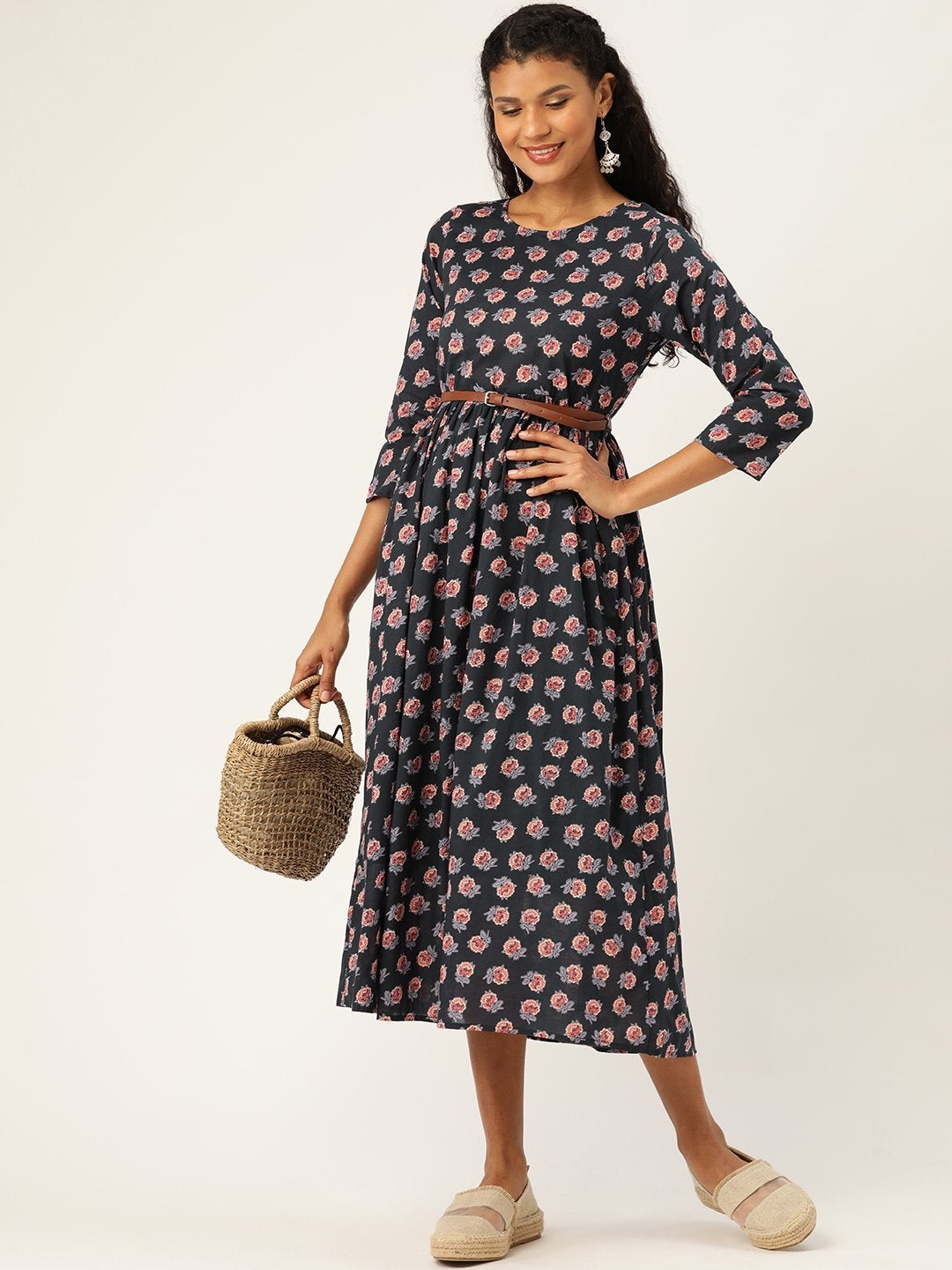 Women's Navy Floral Gathered Kurta Dress - SASSAFRAS