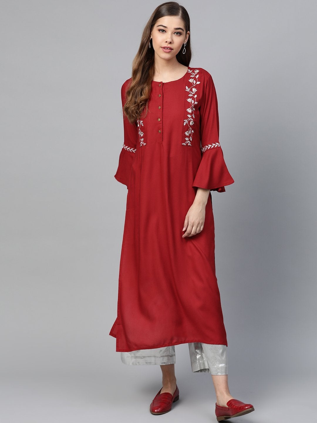 Women's Red Flared Sleeve Zari Embroidery Kurta - SHAE