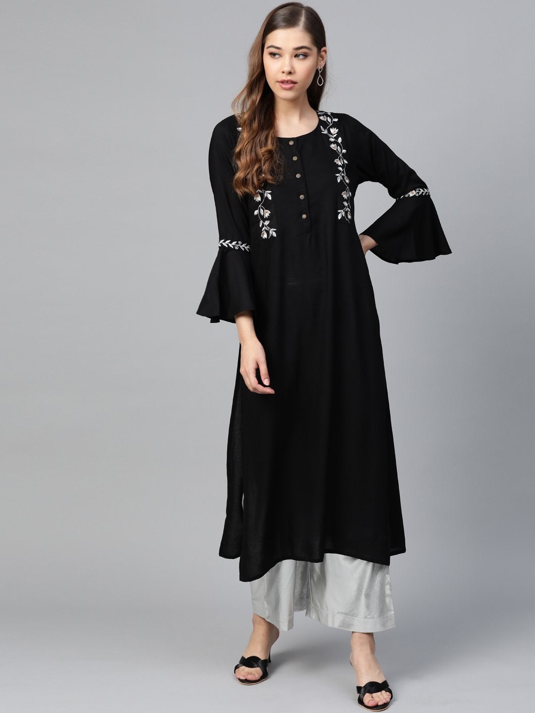 Women's Black Flared Sleeve Zari Embroidery Kurta - SHAE
