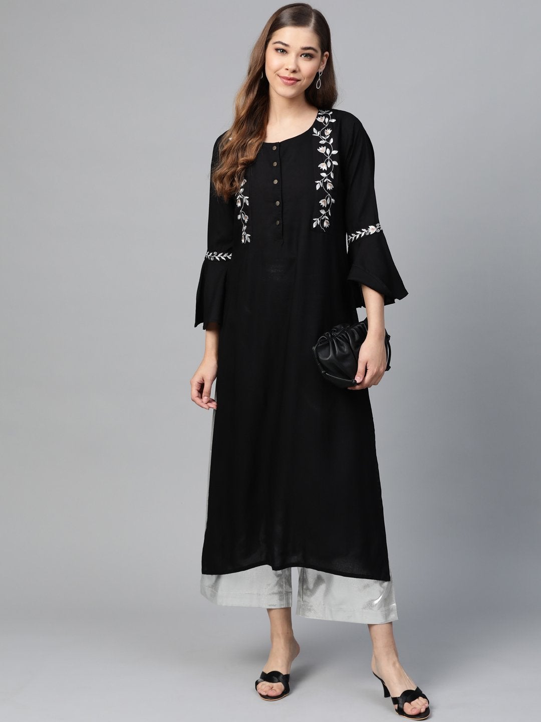 Women's Black Flared Sleeve Zari Embroidery Kurta - SHAE