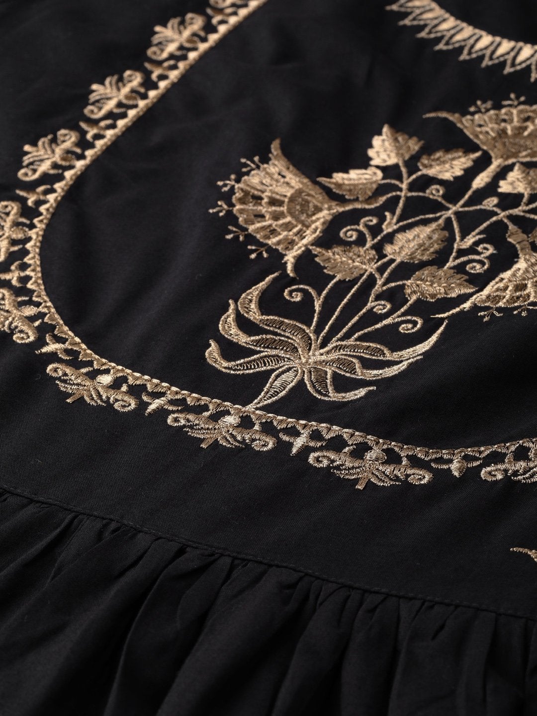 Women's Black Zari Embroidery Gathered Kurta - SHAE