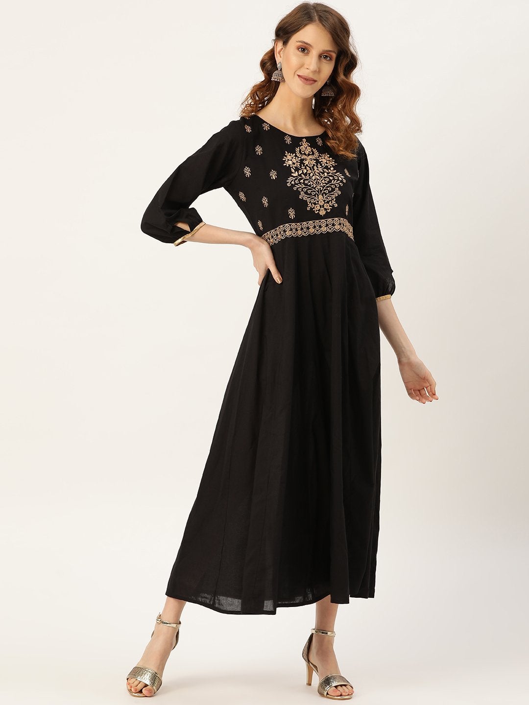 Women's Black Zari Embroidery Kurta Dress - SASSAFRAS