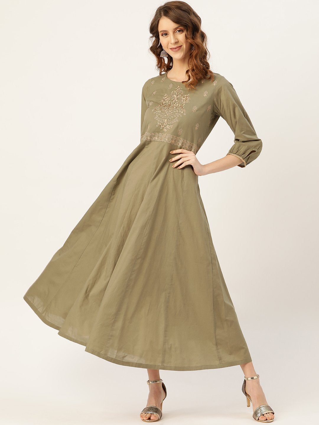 Women's Olive Zari Embroidery Kurta Dress - SASSAFRAS